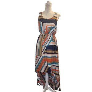 Xhiliration Maxi Stripe Dress in Blue Orange Sz: M Hi-Low Hem